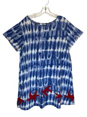 Desert Jems Blue/White Tie Dye Cotton Knit Tunic w/ Red Starfish Border - Large